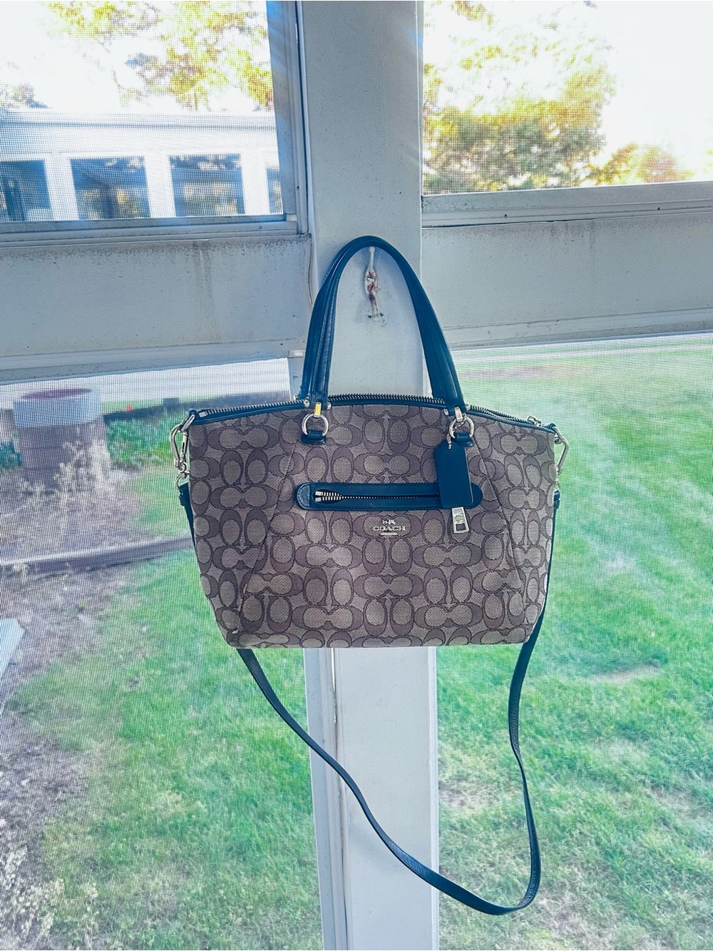 Coach Brown Signature Monogram Satchel with Black Trim